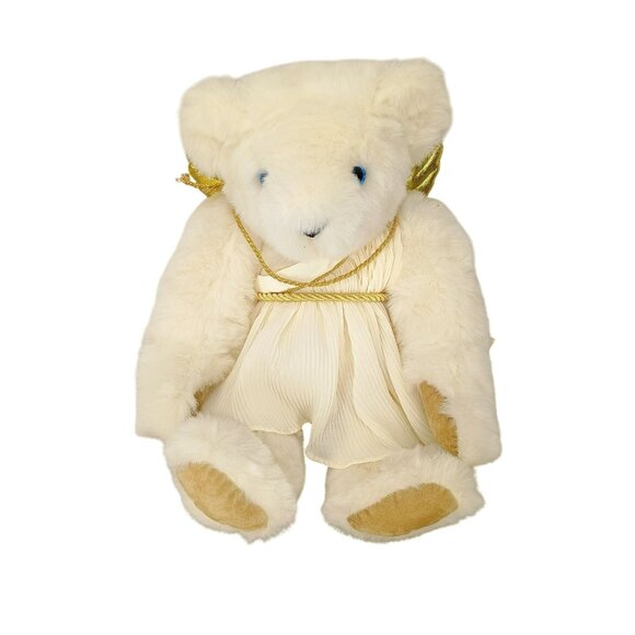 Angel Themed Vermont Teddy Bear With Gold Wings & White Pleated Dress Handmade P - Picture 1 of 6